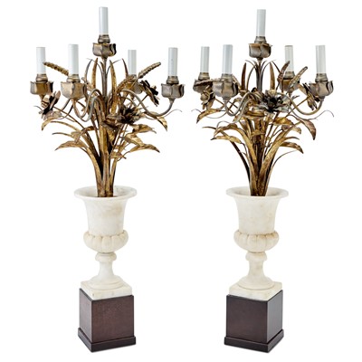 Lot 316 - Pair of Alabaster and Gilt-Metal Five-Light Candelabra Mounted as Lamps
