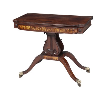 Lot 642 - Classical Inlaid Mahogany and Bird’s-eye Maple Lyre-base Card Table
