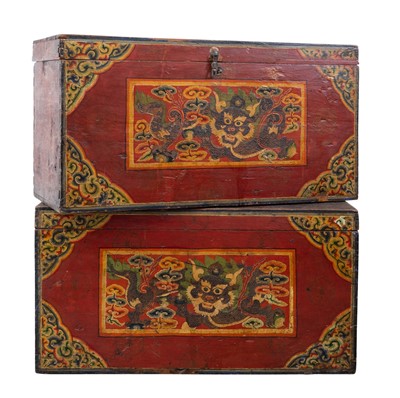 Lot 1151 - A Pair of Tibetan Paint-Decorated Wood Trunks