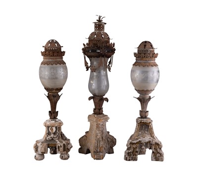 Lot 1133 - Three Painted and Carved Wood Candle Lamps