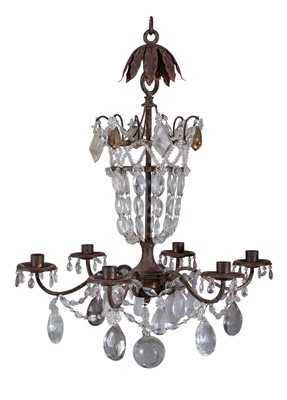 Lot 1135 - Continental Iron and Cut Glass Six-Light Chandelier