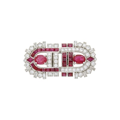 Lot 141 - Platinum, Ruby and Diamond Double Clip-Brooch