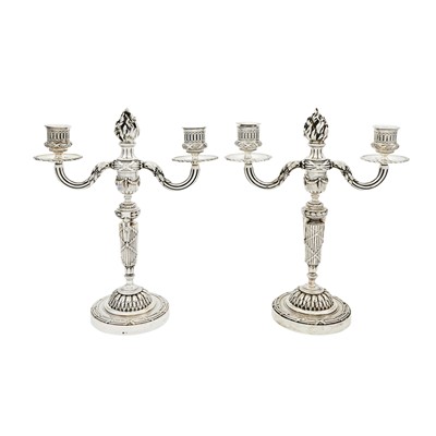 Lot 39 - Pair of French Louis XVI Style Sterling Silver Two-Light Candelabra