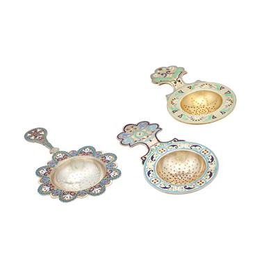 Lot 134 - Three Russian Silver Cloisonné and Champlevé Enamel Tea Strainers
