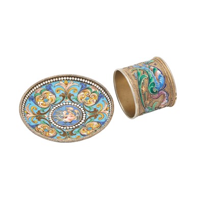 Lot 133 - Russian Silver-Gilt and Cloisonné Enamel Dish and Napkin Ring