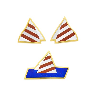 Lot 98 - Tiffany & Co. Gold, Mother-of-Pearl, Jasper and Lapis Sailboat Brooch and Pair of Earrings
