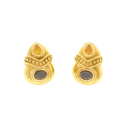 Lot 1027 - Pair of Gold, Black Onyx and Citrine Earrings