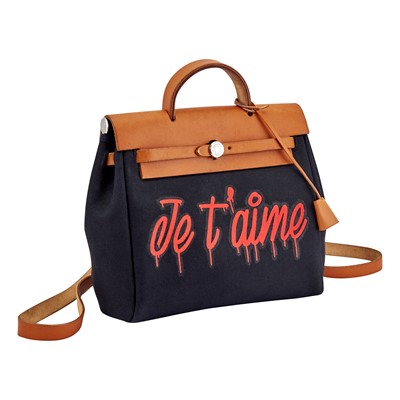 Lot 1166 - Hermès Convertible Customized Painted Black Canvas and Leather 'Je T'aime Herbag' Backpack
