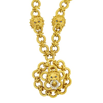 Lot 158 - Long Gold, Sapphire and Diamond Lion Link Pendant-Brooch Necklace