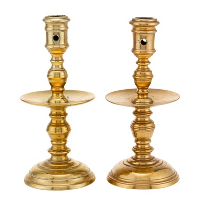 Lot 222 - Assembled Pair Continental Solid Brass Mid-Drip Candlesticks