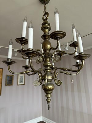 Lot 223 - Dutch Style Brass Two Tier Twelve Light Chandelier