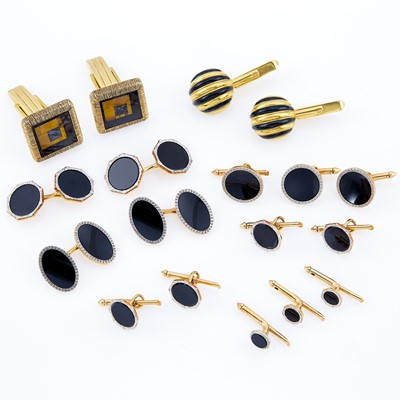 Lot 2273 - Group of Gold, Metal Black Onyx and Black Enamel Cufflinks and Dress Set