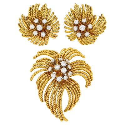 Lot 189 - Van Cleef & Arpels Gold, Platinum and Diamond Spray Clip-Brooch and Pair of Earclips