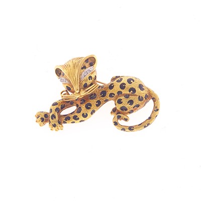 Lot 1100 - Gold, Black Enamel and Diamond Panther Brooch