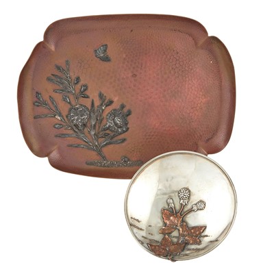 Lot 592 - Gorham Sterling Silver and Copper Japanesque Dish and a Gorham Copper Japanesque Tray