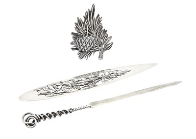 Lot 577 - Two George W. Shiebler Sterling Silver Paper Knives and a Sterling Silver Pinecone Paperclip
