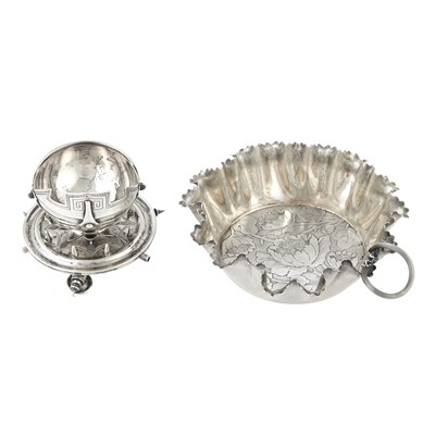 Lot 586 - Whiting Sterling Silver Novelty Helmet Form Master Salt and a Wood & Hughes Sterling Silver Bowl