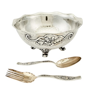 Lot 572 - Whiting Sterling Silver Aesthetic Movement Salad Bowl and Pair of Salad Servers