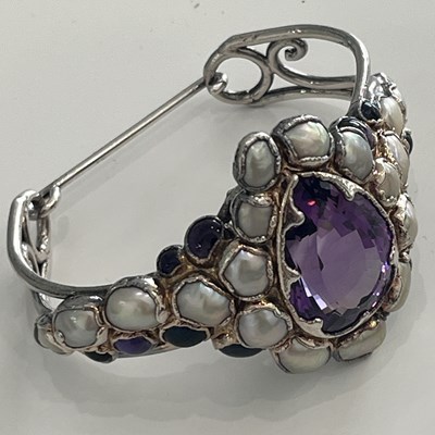 Lot 359 - Silver, Amethyst, Cabochon Amethyst, Blister Pearl, and Moonstone Cuff Bracelet