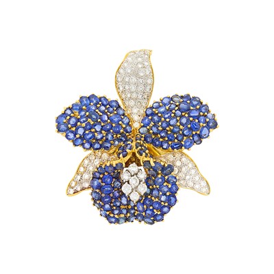 Lot 94 - Two-Color Gold, Sapphire and Diamond Orchid Clip-Brooch