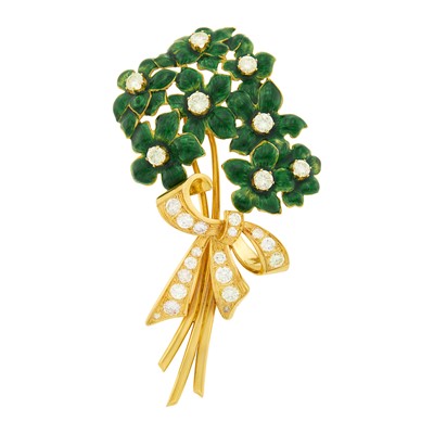 Lot 93 - Gold, Diamond and Green Enamel Bouquet Clip-Brooch