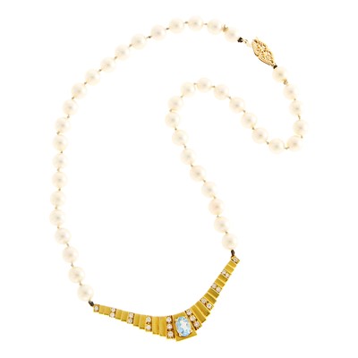 Lot 1010 - Gold, Cultured Pearl, Aquamarine and Diamond Necklace