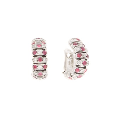 Lot 1063 - Pair of White Gold, Ruby and Diamond Earrings