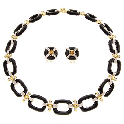 Lot 1215 - Gold, Black Onyx, Citrine and Diamond Necklace and Pair of Earrings