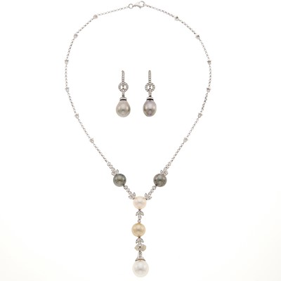 Lot 1054 - White Gold, Cultured Pearl and Diamond Pendant-Necklace and Pair of Pendant-Earrings