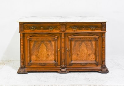 Lot 371 - Aesthetic Movement Carved Walnut Marble Top Sideboard