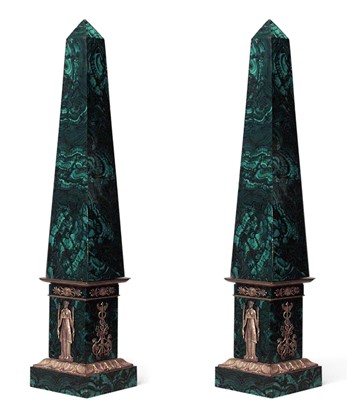 Lot 297 - Pair of Empire Style Gilt Bronze Mounted Malachite Veneered Obelisks