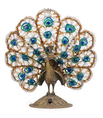 Lot 309 - Cast Bronze and Glass Bead Peacock Lamp