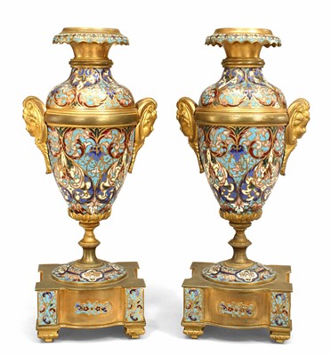 Lot 278 - Pair of French Enamel and Gilt Bronze Urns
