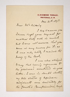 Lot 207 - H. M. Stanley writes a letter on fiction writing