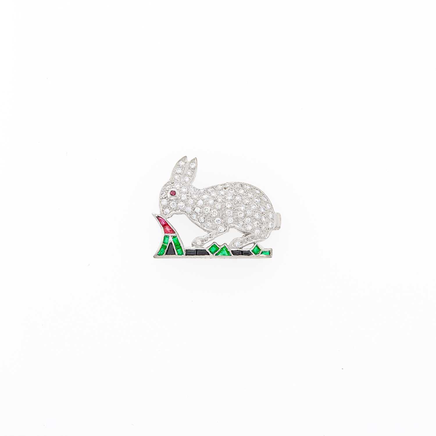 Lot 2194 - White Gold, Diamond and Gem-Set Bunny Pin