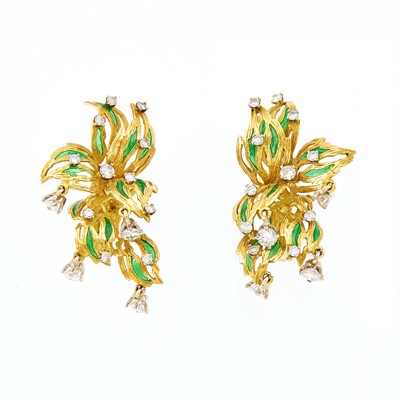 Lot 2045 - Pair of Two-Color Gold, Green Plique-à-Jour Enamel and Diamond Flower Earrings