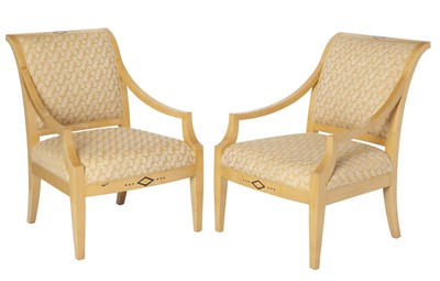 Lot 300 - Pair of Sally Sirkin Lewis Upholstered Blondewood Armchairs