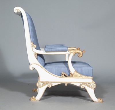 Lot 667 - Continental Gray-Painted and Parcel-Gilt Large Armchair