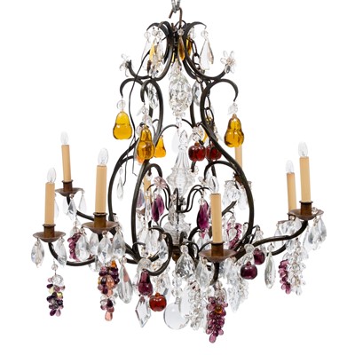 Lot 278 - Louis XV Style Eight-Light Metal and Glass Chandelier with Fruit Pendants