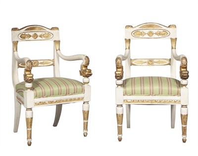 Lot 666 - Pair of Continental Empire Painted and Parcel-Gilt Armchairs