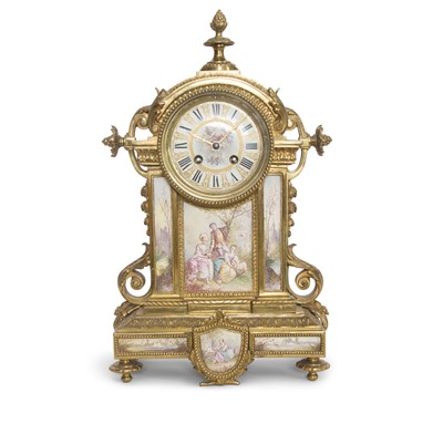 Lot 663 - French Enamel Inset Gilt-Brass Mantel Clock