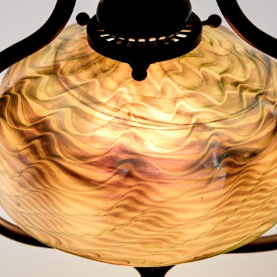 Lot 501 - Tiffany Studios Bronze and Blown Favrile Damascene Glass Harp Desk Lamp