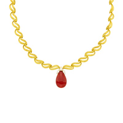 Lot 179 - Henry Dunay Gold, Oxblood Coral and Diamond Pendant-Necklace