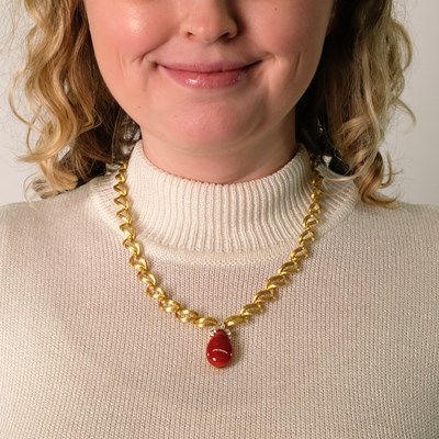 Lot 179 - Henry Dunay Gold, Oxblood Coral and Diamond Pendant-Necklace