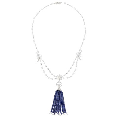 Lot 1125 - White Gold, Diamond and Sapphire Bead Tassel Pendant-Necklace
