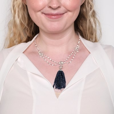 Lot 1125 - White Gold, Diamond and Sapphire Bead Tassel Pendant-Necklace