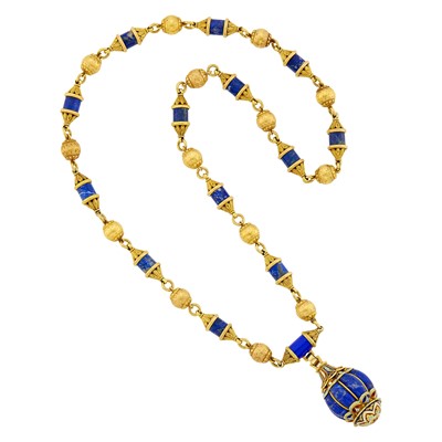 Lot 42 - Gold, Lapis and Enamel Pendant-Necklace