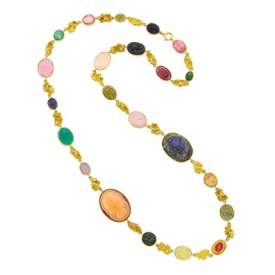 Lot 1020 - Long Nugget Gold and Hardstone Scarab Necklace