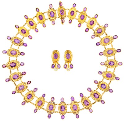Lot 1077 - Gold, Amethyst and Split Pearl Necklace and Pair of Earrings