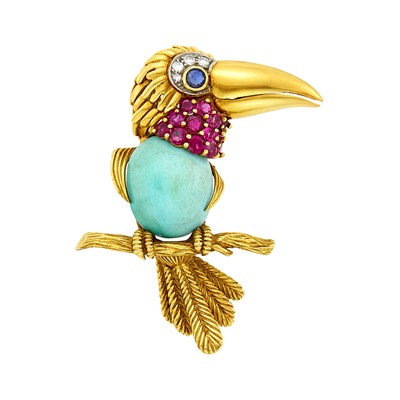 Lot 168 - Cartier Gold, Platinum, Turquoise, Ruby, Sapphire and Diamond Toucan Brooch, France